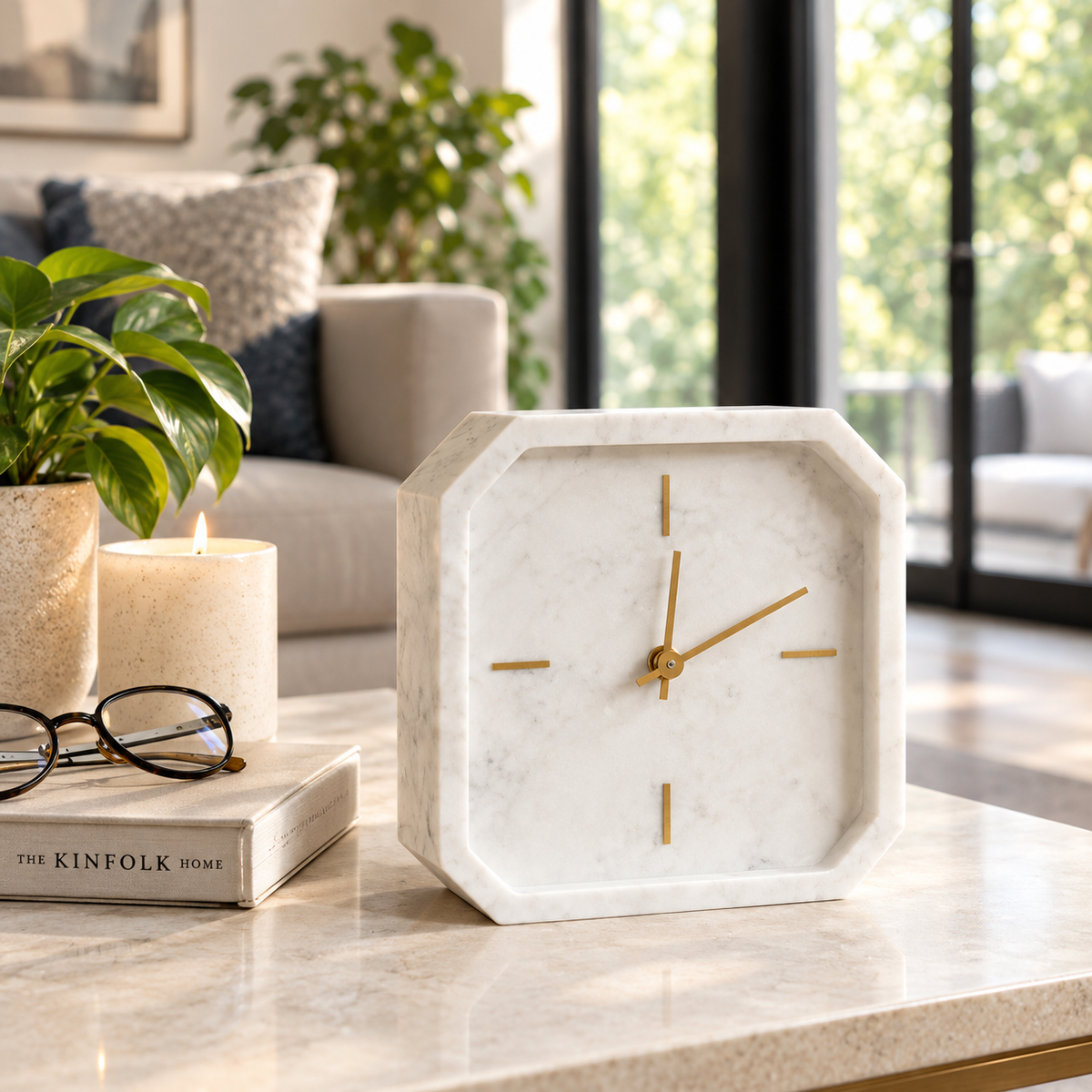 Aparicio Octagon Marble Tabletop Clock - Ivory