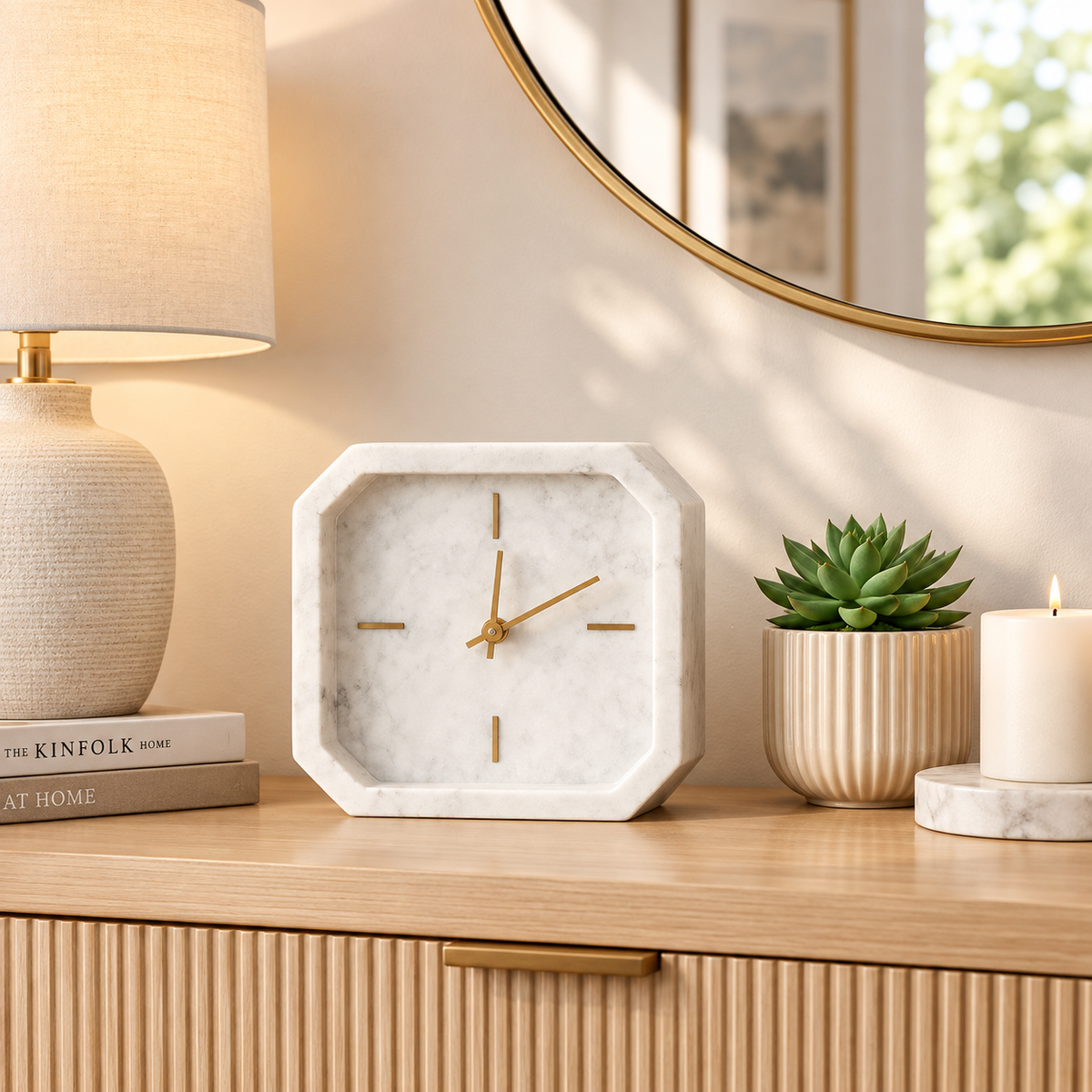 Aparicio Octagon Marble Tabletop Clock - Ivory